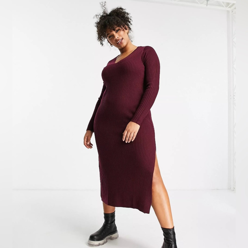 Ribbed V neck midi dress